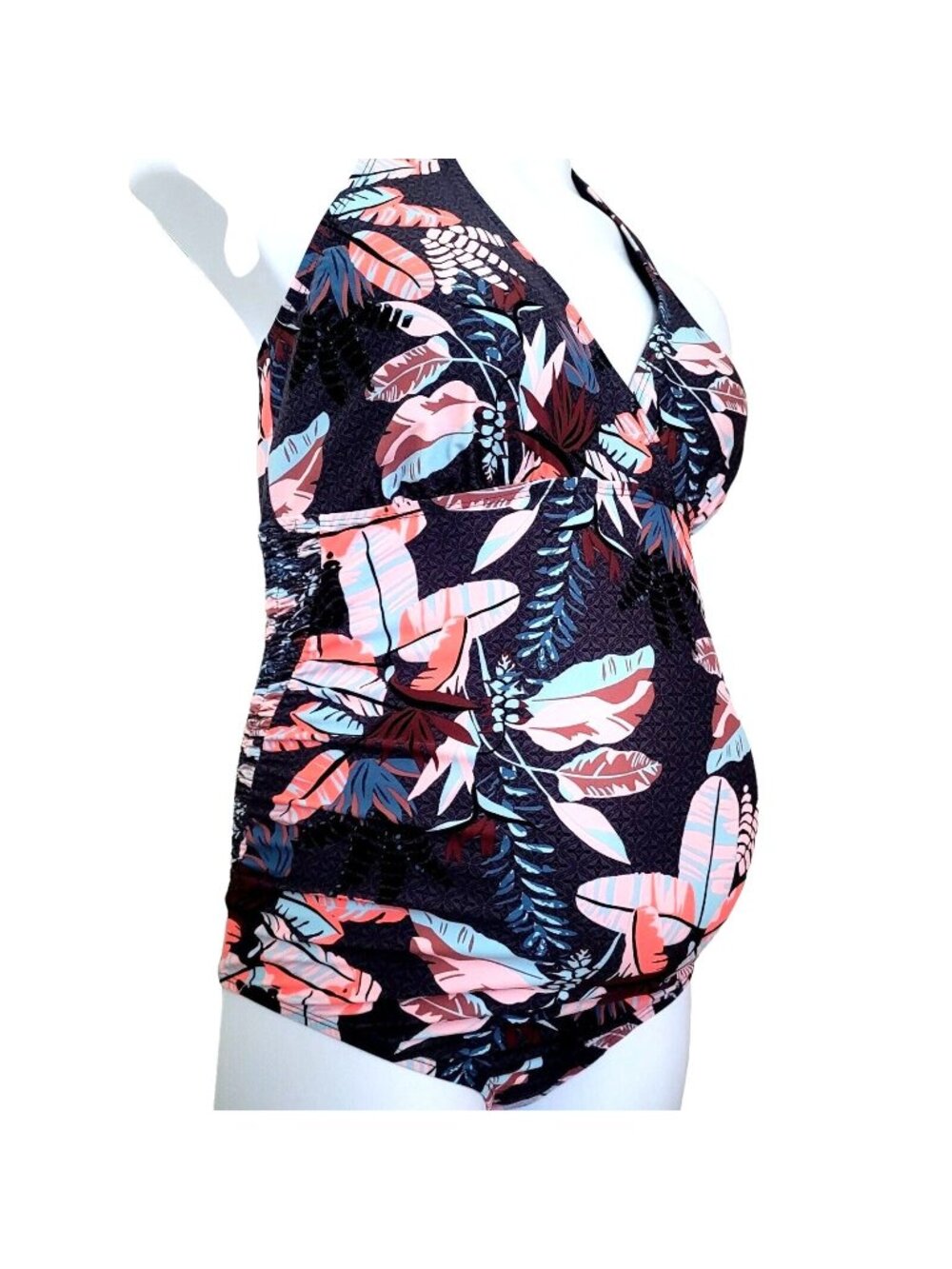 Motherhood Maternity Swimsuit 1-Pc Halter Top XL Shirred Side Panels Floral